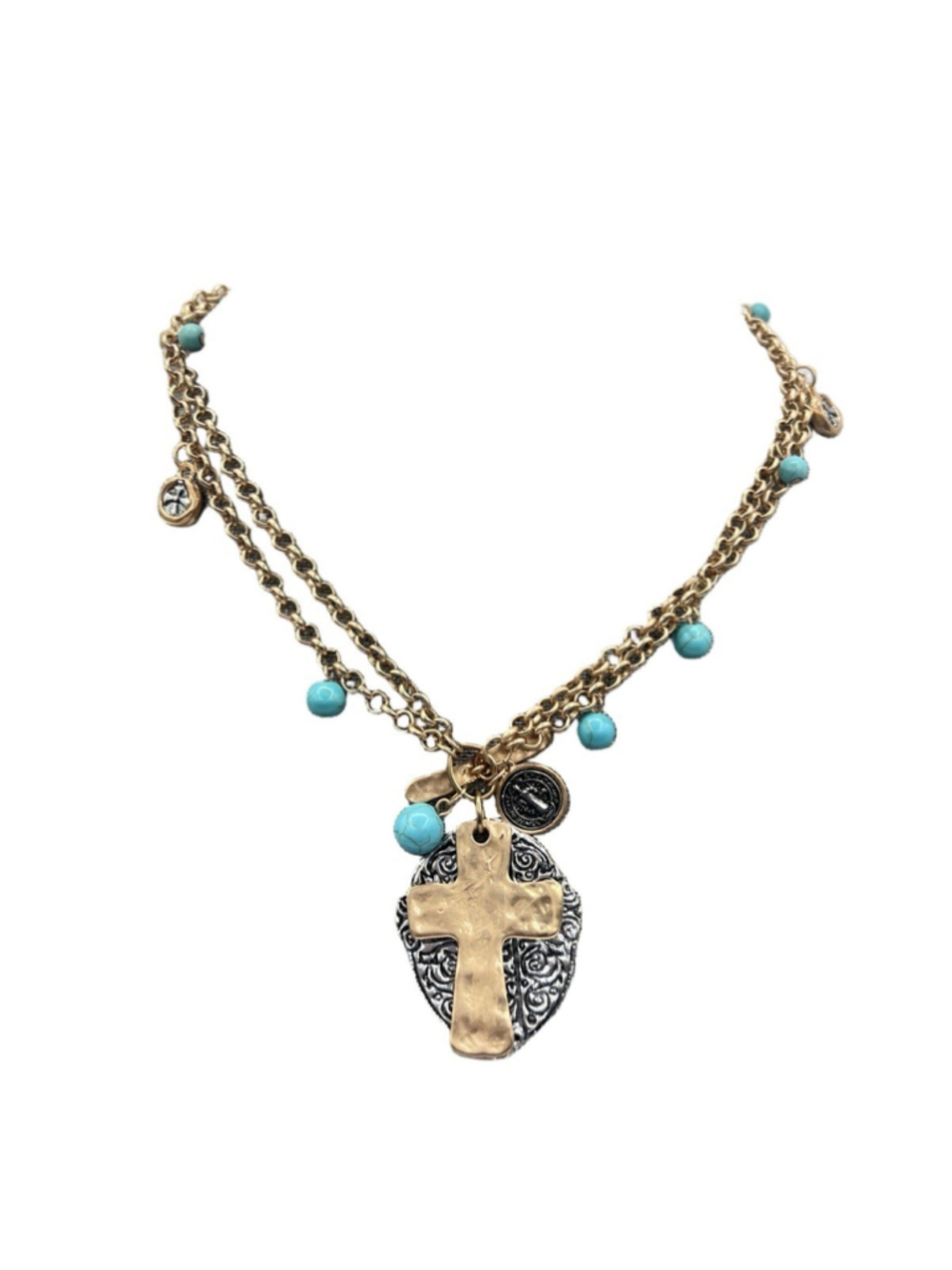 Western Layered Necklace Two Tone Cross Pendant Turquoise Beads